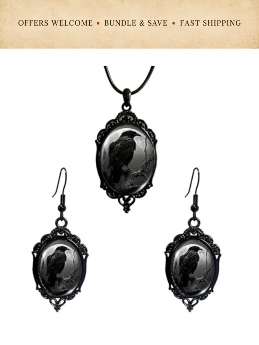 Gothic Raven Dangle Earrings Necklace Set Metal No Gemstone Costume Jewelry Set